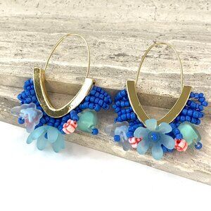 New~ Anthropologie Blue Floral Beaded Hoop Earrings